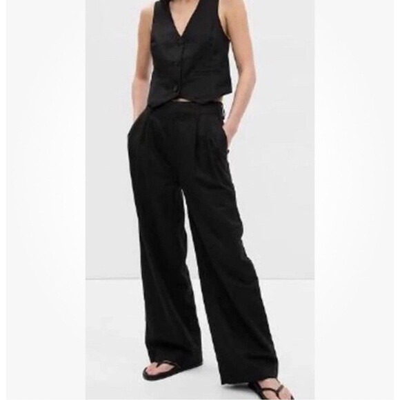 GAP Women's Pant Pleated Linen Blend Wide Leg Trouser Black 12 Tall - Picture 1 of 11